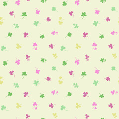 Seamless pattern with clover leaves.Magical plant. Background for St. Patrick's Day. Colorful endless backdrop with trefoils and quatrefoils. Shamrock. Irish story.