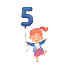 Jumping Girl Holding Blue Number Shaped Balloon by the String Vector Illustration