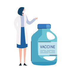 covid19 vaccine vial with female doctor vector illustration design