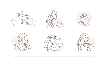 Fototapeta na wymiar Beauty Girl Take Care of her Damaged Hair and Applying Treatment Oil on Hair Roots and Tips. Woman Making Haircare Procedures. Beauty Haircare Routine. Flat Line Vector Illustration and Icons set.