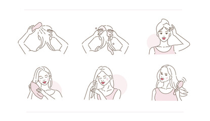 Beauty Girl Take Care of her Hair and Applying Treatment Products. Woman Washing, Drying Hair with Towel and Hairdryer.  Beauty Haircare Routine. Flat Line Vector  Illustration and Icons set.

