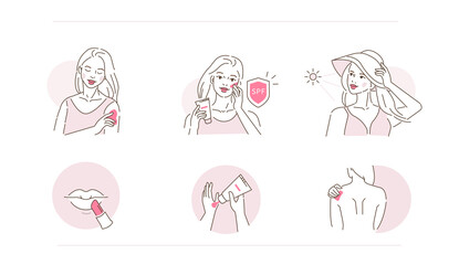 Beauty Girl Take Care of her Face, Body and Use Facial Sunscreen Cream with Spf Protection. Woman Applying Sunblock Product. Sun Protection Skincare. Flat Vector Illustration and Icons set.
