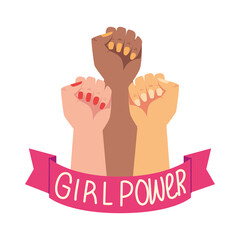 womens day, diverse hands up girl power ribbon