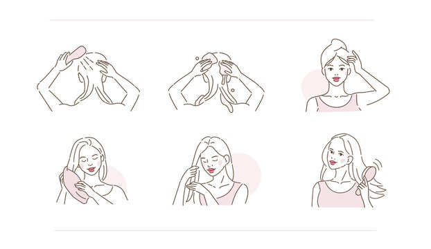 Beauty Girl Take Care Of Her Hair And Applying Treatment Products. Woman Washing, Drying Hair With Towel And Hairdryer.  Beauty Haircare Routine. Flat Line Vector  Illustration And Icons Set.
