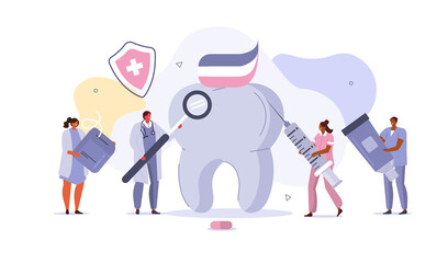Doctor Dentists and Nurses working Together in Dental Clinic. Medical Staff at Stomatology Center Checking up Patient's Teeth. Dentistry Care and Cleaning Concept. Flat Cartoon Vector Illustration.
