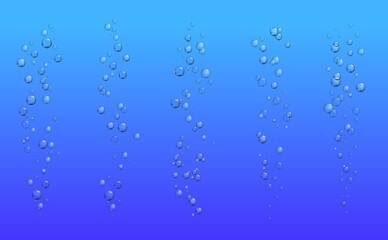 Bubbles of underwater fizzing air 3d vector. Realistic transparent bubbles of soda water or champagne, fizzy drink or effervescent beverage, oxygen streams of blue sea, ocean or aquarium pump