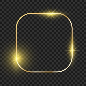 Rectangle golden frame with round corner. Gold magic square christmas shiny border. Vector realistic glow boarder.
