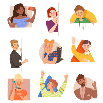 People Characters Peering or Looking out from Window or Corner Vector Illustration Set