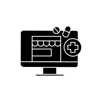 Telepharmacy glyth icon. Online drugstore, apothecary website or application. Telehealth medical care, telemedicine concept. Virtual pharmacist consultation. Isolated silhouette vector illustration