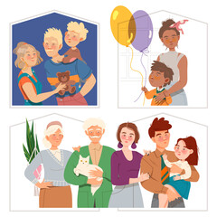 Father, Mother and Kids Standing Together Vector Illustration Set