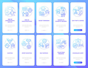 Gun control dark blue onboarding mobile app page screen with concepts. Weapon use risks and danger walkthrough 5 steps graphic instructions. UI vector template with RGB color illustrations