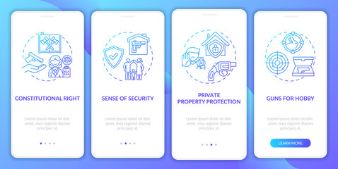 Gun rights dark blue onboarding mobile app page screen with concepts. Weapon laws. Firearm legislation walkthrough 5 steps graphic instructions. UI vector template with RGB color illustrations