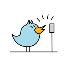 Isolierte Vektorgrafik Illustration eines kleinen niedlichen blauen Cartoon-Vogel, singt in ein Mikrofon für eine Musik Aufnahme