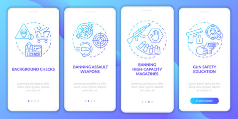 Gun safety guidelines dark blue onboarding mobile app page screen with concepts. Weapon control and regulation walkthrough 5 steps graphic instructions. UI vector template with RGB color illustrations
