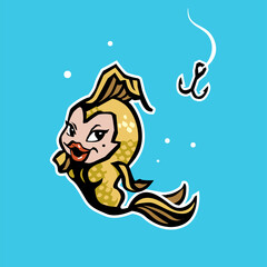 Logo girl fisherman, mermaid mascot stickers, t-shirt design