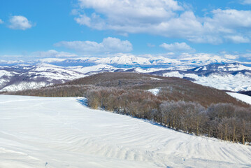 Fototapeta premium Mount Autore Livata (Subiaco, Italy) - The snow capped peaks mountains in the province of Roma, Lazio region, in Simbruini mounts. Here a beautiful white landscape.