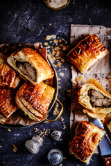 Chicken liver puff pastry hands pie .style rustic.