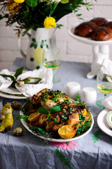 Easter chickens with herbs and lemon..style rustic