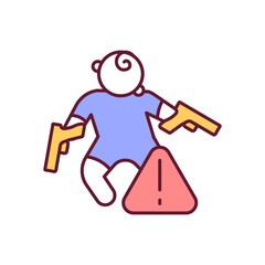 Risk of unintentional child death RGB color icon. Firearms dangerous for baby. Gun control for protection. Weapon regulation to prevent accidental kill. Isolated vector illustration
