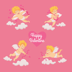 Valentine's day card vector illustration. Cute cupid angels character with bow and arrow
