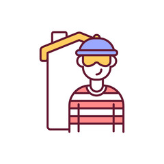 Criminal intruder to private property RGB color icon. Burglar in mask. Robbery crime. Thief stealing for home. Robber threat. Safety and protection of house from stealer. Isolated vector illustration