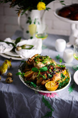 Easter chickens with herbs and lemon..style rustic