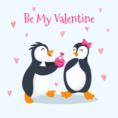 Valentine's day card vector illustration with Cute penguin couple