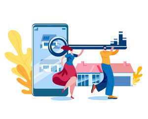 A young family takes out a house key from a smartphone. Vector illustration on the topic of buying or renting a house.