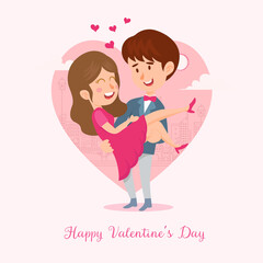 Valentine's day card vector illustration. Man carrying his girlfriend in his arms