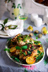 Fototapeta na wymiar Easter chickens with herbs and lemon..style rustic