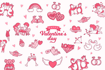 Valentine's day elements. Set of cute hand drawn icons about love