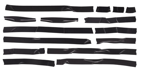 Black electrical tape, set of stripes of torn sticky pieces of different shapes, isolated objects...