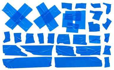 Blue scotch tape, set of crumpled torn pieces of adhesive tape of various shapes high resolution on...