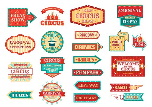 Circus pointer, carnival or funfair arrow signboard isolated vector icons. Circus clown, magic or freak show hand pointers and amusement park welcome badges with chapiteau tent, stars, marquee lights