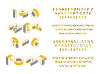 Isometric font. 3d geometric english alphabet, block latin text, futuristic uppercase letters and numbers in different angles isometry collection colors 2021 yellow and grey vector set