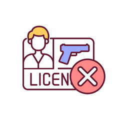 Denied license for guns RGB color icon. Weapon regulation. Violence prevention. Legislation for handgun. Laws for gun control. Restriction for shooting weapon ownership. Isolated vector illustration