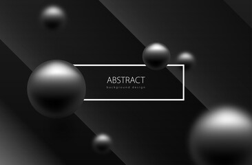Abstract sphere background. Black balls on dark volume geometric backdrop. White frame header. Blured globes. Luxury trendy design
