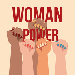 womens day, diverse hands up girl power greeting card