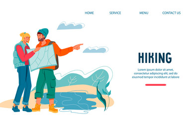 Website banner for Hiking with couple of tourists checking the travel route on map, flat vector illustration. Hiking and camping leisure activity, outdoor adventure.
