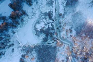 Aerial view of the frozen lake covered with ice and snow and green trees.