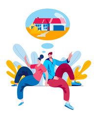 A young couple dreams of their home. Vector illustration on the theme of dreams of the future.