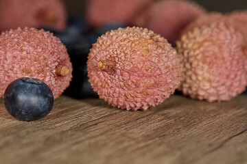 tropical fruit lychee and blueberry macro photography