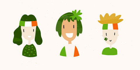 Young people wearing Irish flag outfit and clover leaf accessorise for St. Patrick’s day party. Vector hand drawn clipart with happy smiling characters.