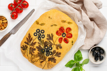 Homemade flower focaccia. Creative idea of focaccia cooking. Crispy focaccia with vegetables. Top...