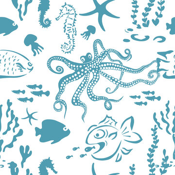 Marine animals blue seamless pattern. Vector illustration