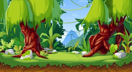 Cartoon game interface, vector forest or jungle landscape, seamless background with parallax effect. Panoramic wallpaper with tropical plants, lianas, rocks and trees on green grass and mountains view