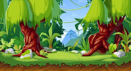 Tuinposter Cartoon game interface, vector forest or jungle landscape, seamless background with parallax effect. Panoramic wallpaper with tropical plants, lianas, rocks and trees on green grass and mountains view © Buch&Bee
