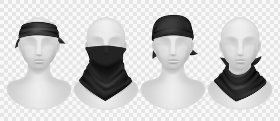 Realistic black bandana. Mannequins mockup with dark kerchief, wearing options buffs, scarves and neck clothes. Modern unisex accessory for head and hair, vector isolated templates set