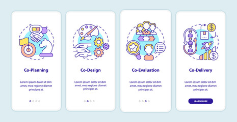 Co-production elements onboarding mobile app page screen with concepts. Co-planning, co-design, co-evaluation walkthrough 4 steps graphic instructions. UI vector template with RGB color illustrations