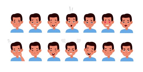 Kid face emotions set. Little cute boy different facial expressions, child portrait with smile and sadness and surprise, various mood. Vector flat cartoon children character collection